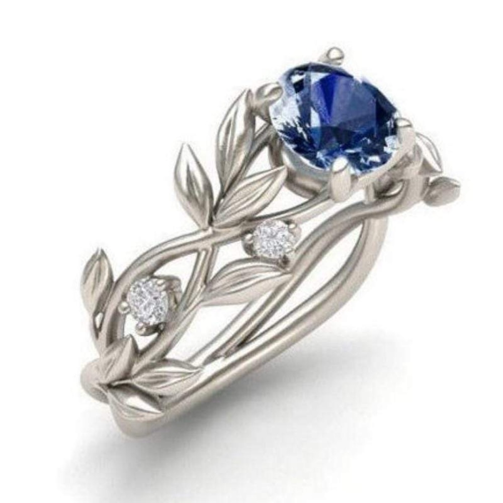 New Sterling Silver Blue White Sapphire Hand Crafted Floral Vine Flower Ring - Picture 3 of 14
